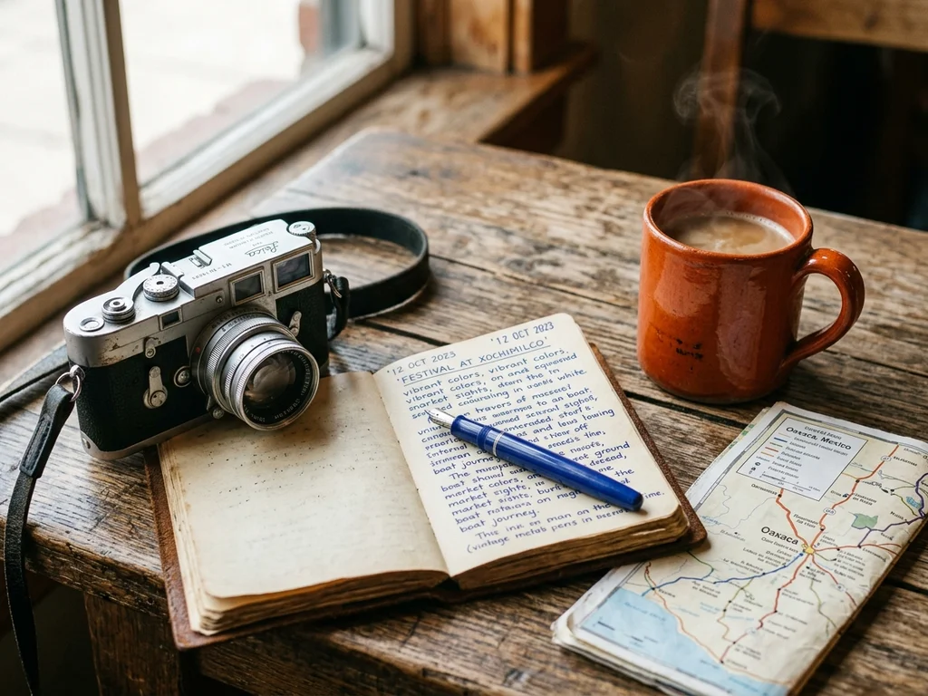 Carnet de notes, stylo bleu et appareil photo illustrant le travail de notre équipe éditoriale.
