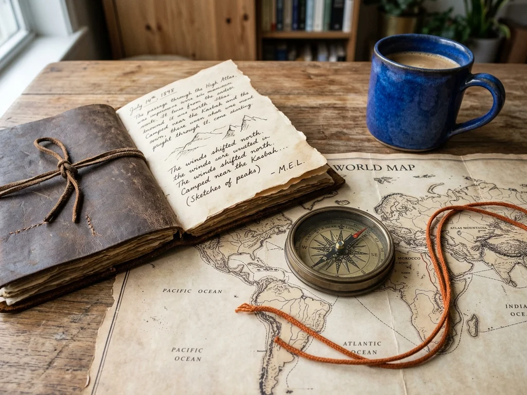 Carnet de notes ouvert et boussole sur une carte pour évoquer la planification d'un voyage.