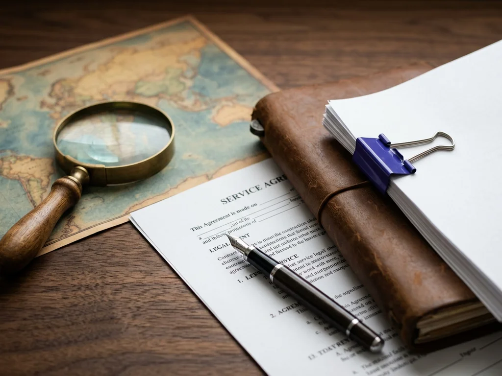 Documents administratifs et carnet de voyage sur un bureau en bois pour les mentions légales.