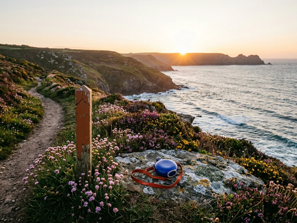 Vue panoramique d'un sentier côtier au lever du soleil pour une escale paisible.